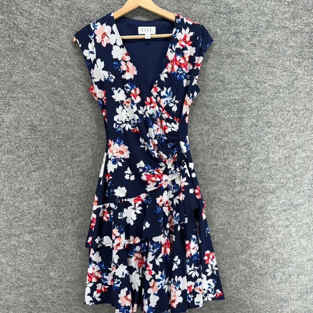 Elle Dress Women XS Blue Floral Sheath Midi V-Neck Short Sleeve Lined Casual